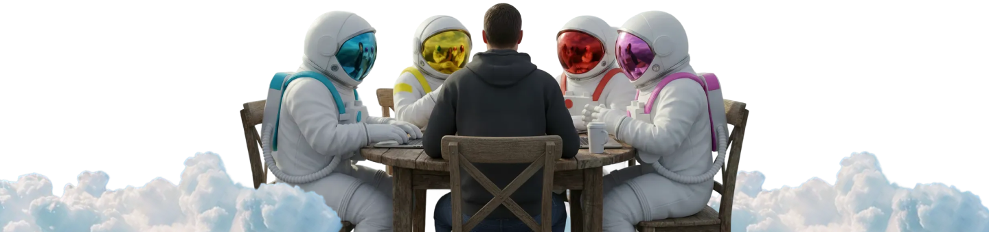 Astronauts in colorful helmets sitting together at a table with a human, representing AI and human collaboration
